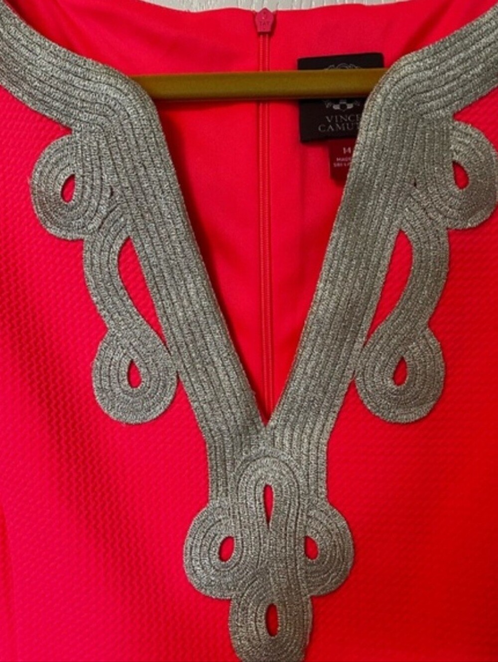 Vince Camuto Hot Pink Sleeveless Embroidered Gold V-Neck Mini Dress. Size 14 - Picture 3 of 8